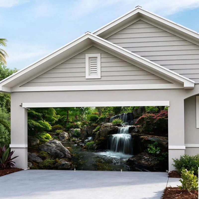 THISFIND Nature Waterfall Garage Door Banner – Tranquil Scenic Outdoor Mural with Rocks, Garden & Lush Greenery – Home Exterior Decoration - Image 5